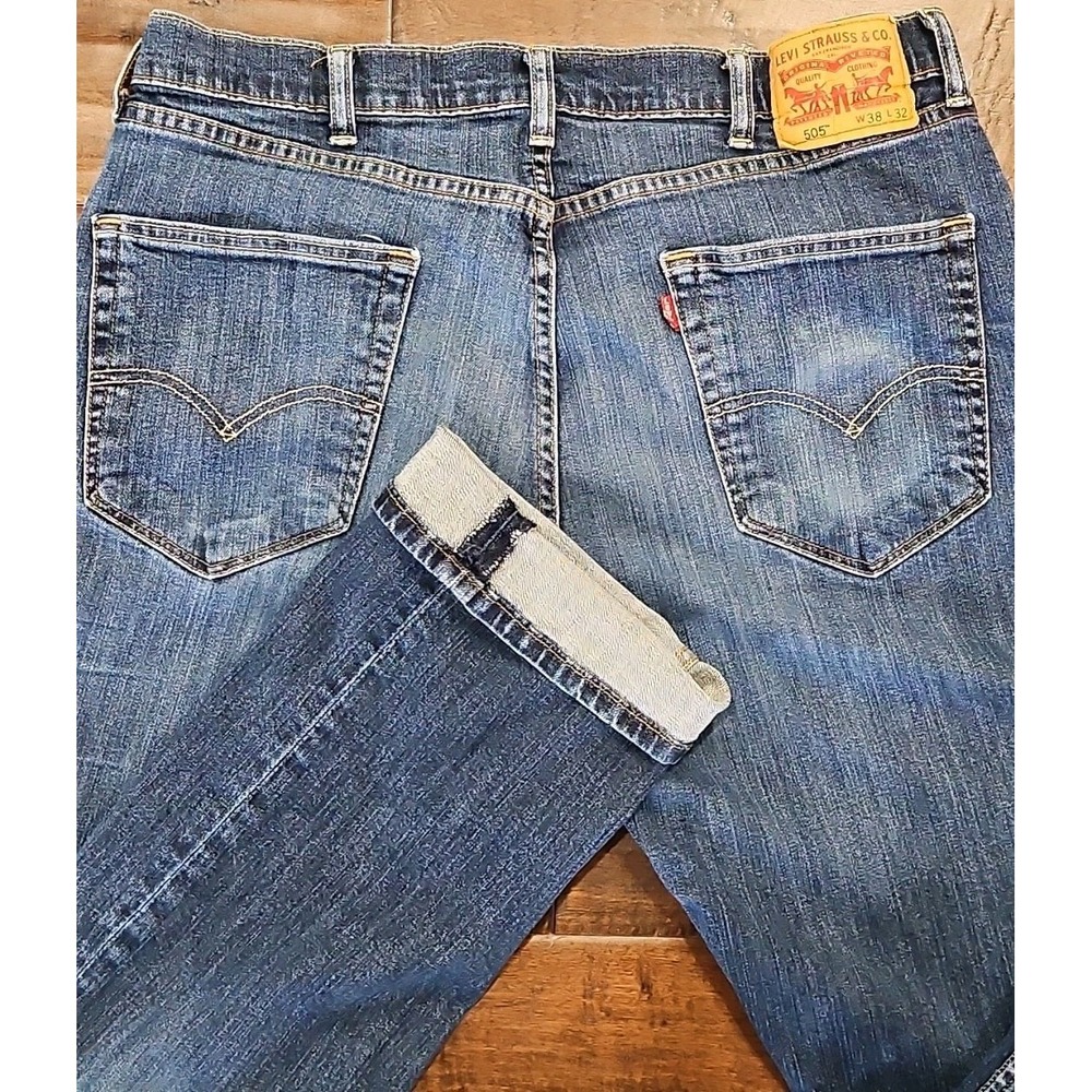 Levis Jeans Mens 38×32 Blue Denim Pants Faded 505 Straight Regular‎ Stretch Work